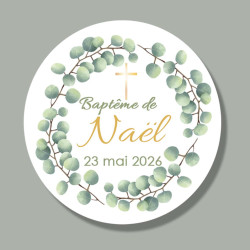 Étiquette Ronde Baptême Eucalyptus