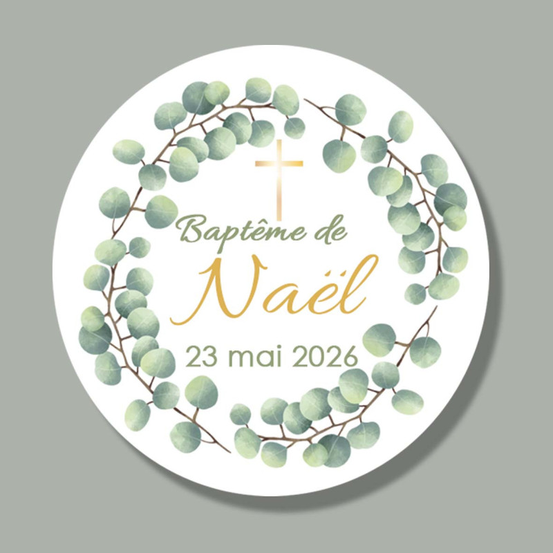 Étiquette Ronde Baptême Eucalyptus
