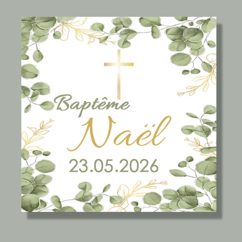 Étiquette et stickers Baptême Eucalyptus