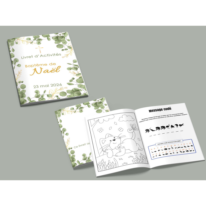 Livret jeux et coloriages Baptême Eucalyptus