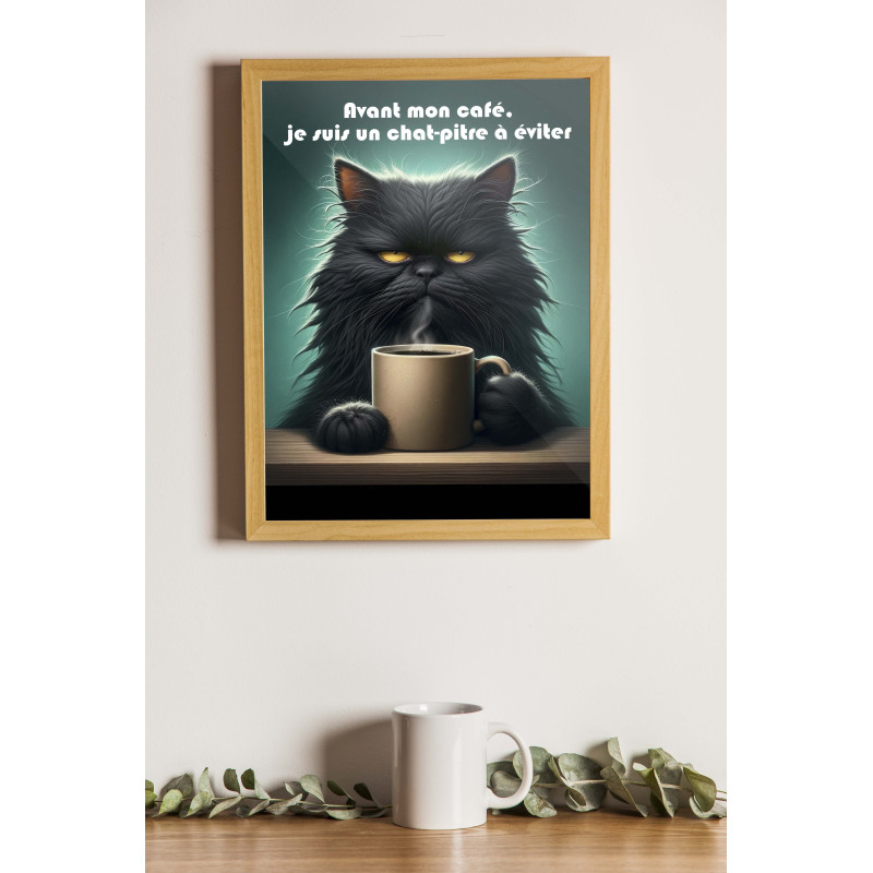 Affiche Numérique Humour : Chat Noir avec Café