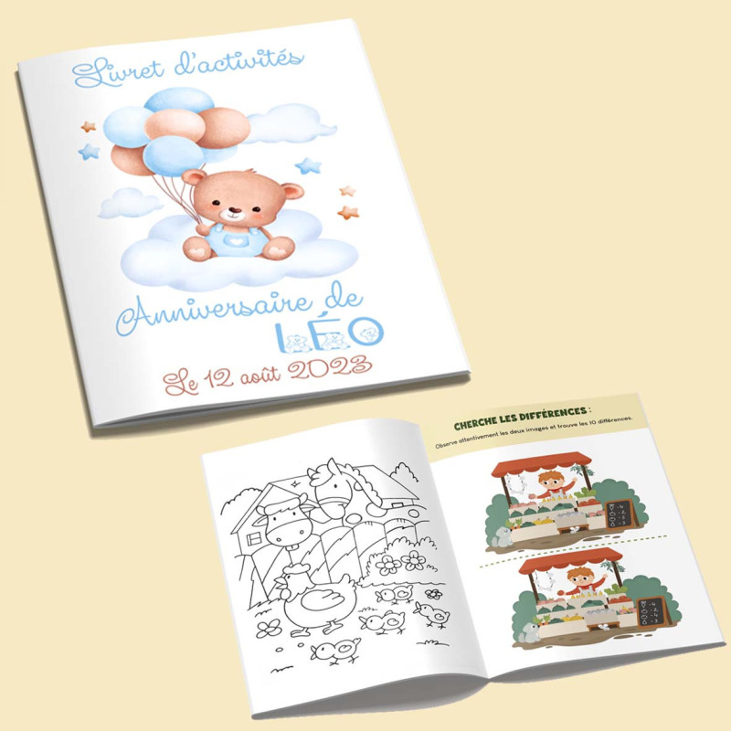 Livret d'Activités Personnalisé Thème Oursons bleu et Ballons