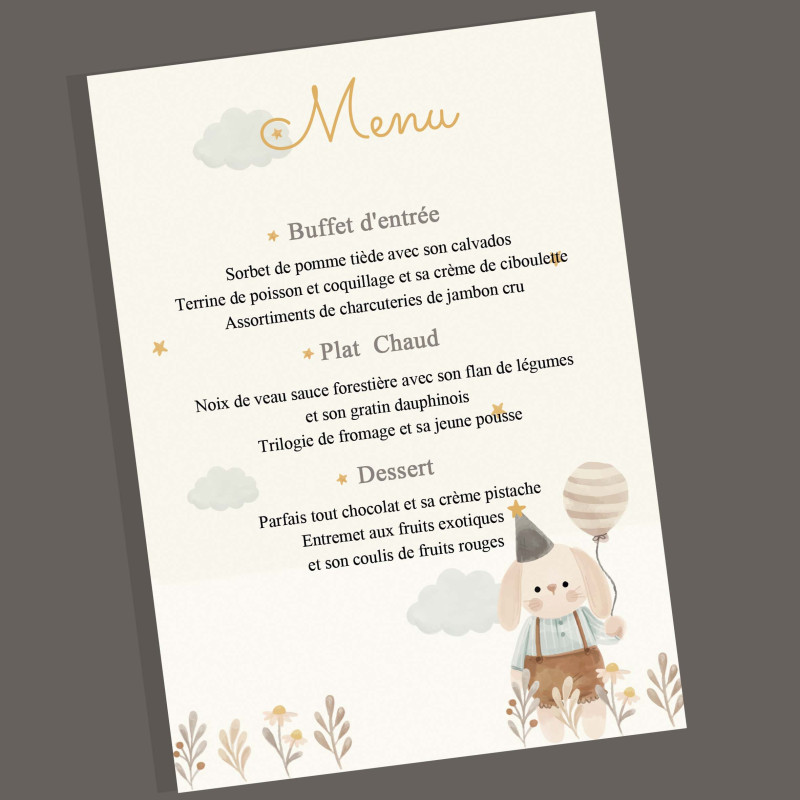 Carte de Menu Personnalisée Peluches Câlines