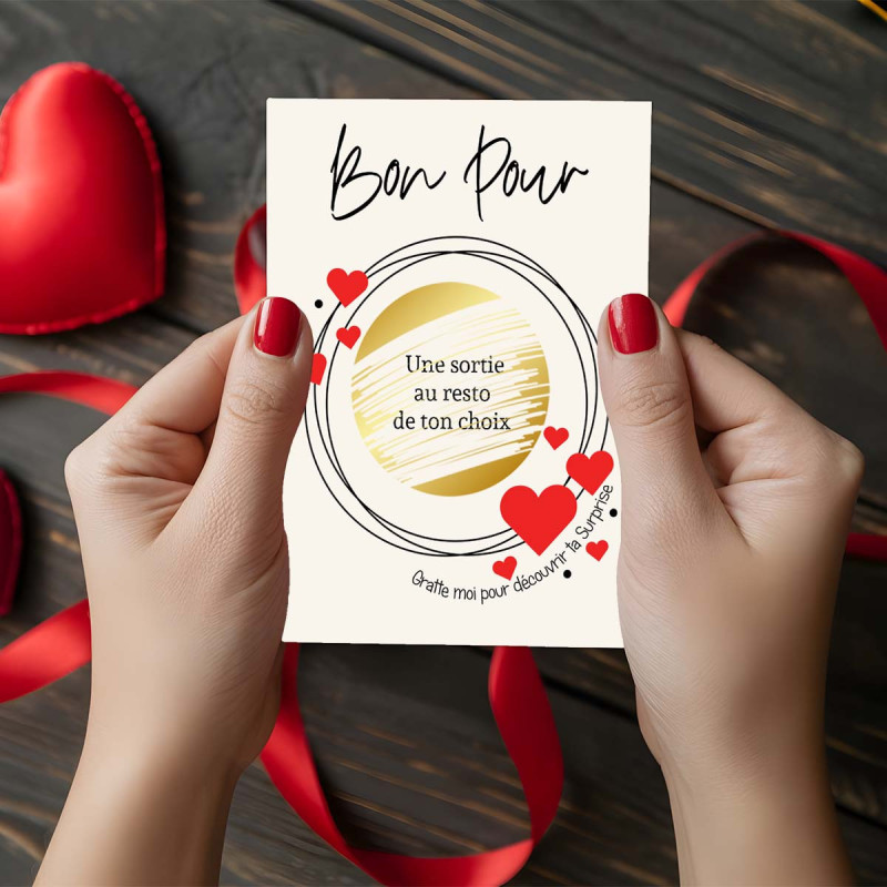 Carte à gratter « Bon pour » personnalisée – Cœurs rouges