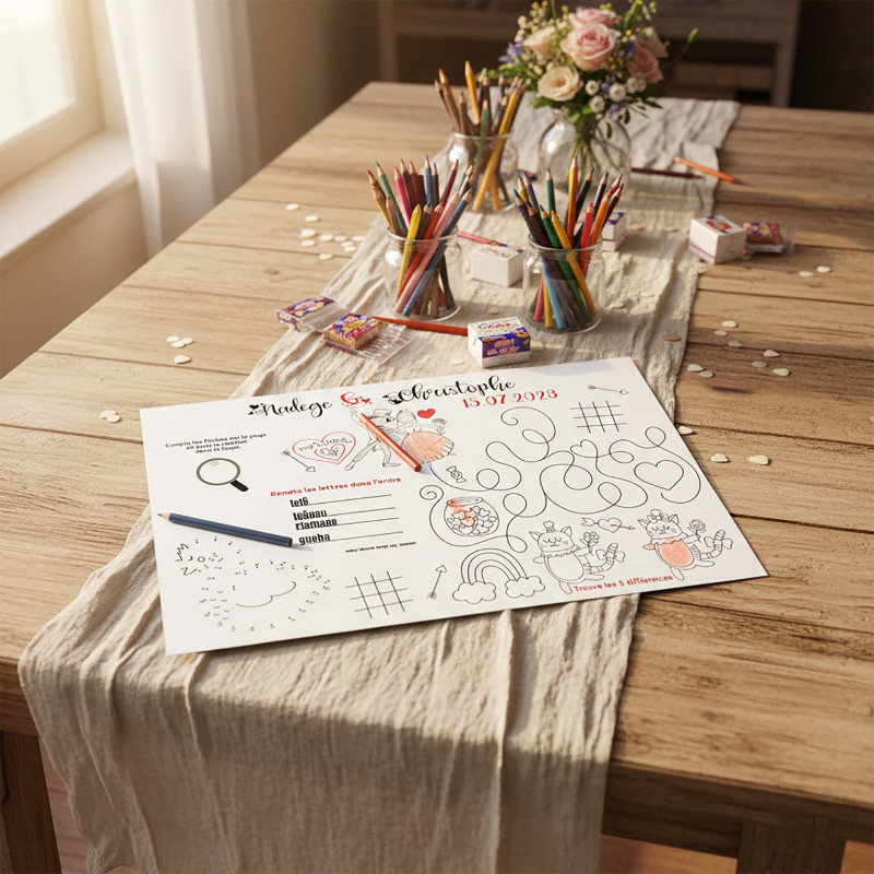 Lot 10 Sets De Table Mariage Colorie & Jeux Enfants - Activité Ludique Personnalisée A4 Pour Réception