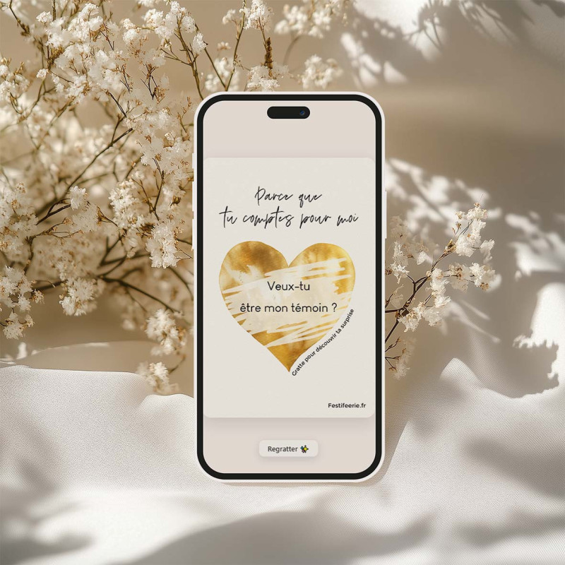 Carte à gratter virtuelle Cœur doré – Veux-tu être mon témoin ?