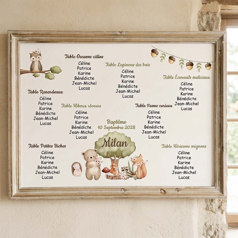 Plan de table baptême personnalisé – Collection Les Amis de la Forêt