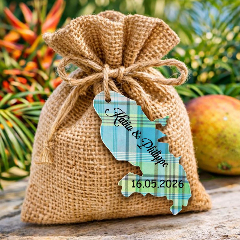 Étiquette Martinique personnalisée – carte Madinina 972 Madras bleu