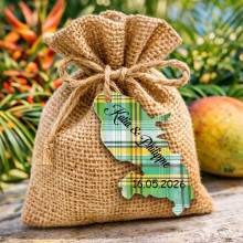 Étiquette Martinique personnalisée – carte Madinina 972 Madras vert