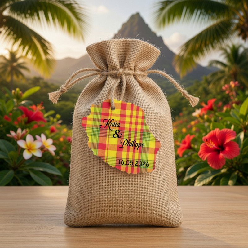 Étiquette Réunion personnalisée – carte Réunion 974 Madras rouge