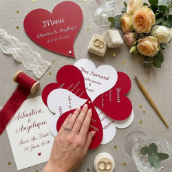 Menu mariage éventail cœur personnalisé – Rouge & blanc
