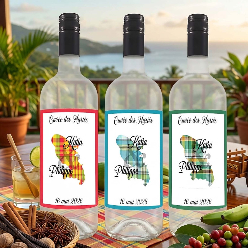 Étiquette bouteille personnalisée – Carte Martinique Madras