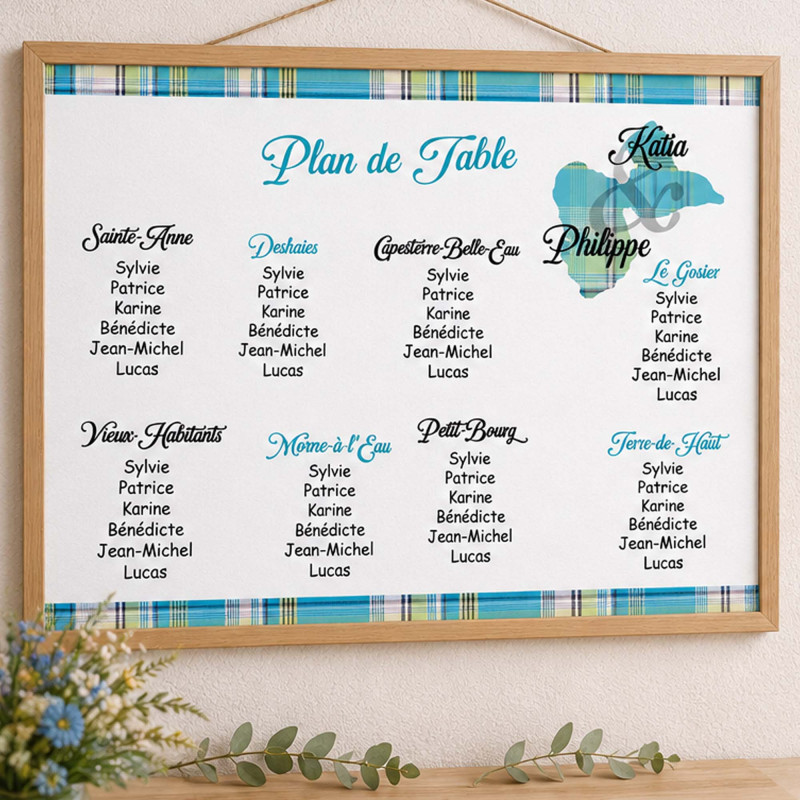 Plan de table Guadeloupe Madras bleu – Affiche ou toile personnalisée