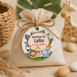 Étiquette dragées baptême Safari – Animaux Tropicaux