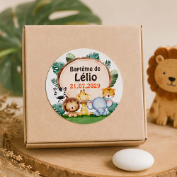 Étiquette dragées baptême Safari – Animaux Tropicaux