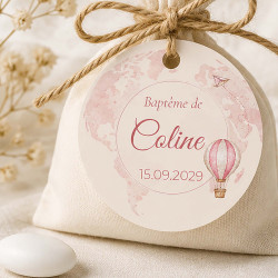 Étiquette baptême Autour du Monde – Montgolfière rose