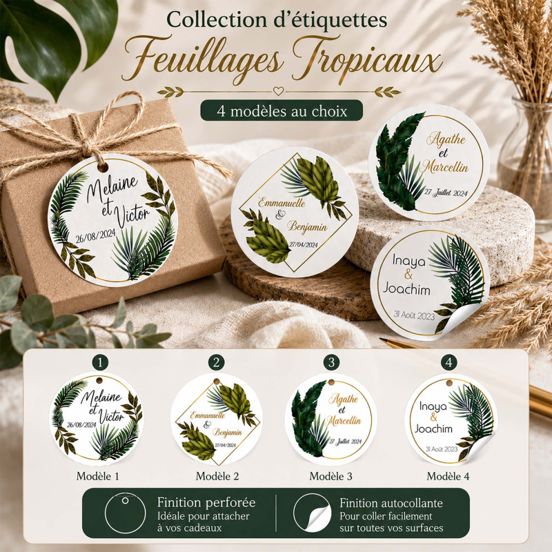Étiquettes dragées & cadeaux personnalisées – Feuillages Tropicaux