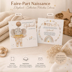 Faire-part naissance Éléphant - Collection Peluches Câlines