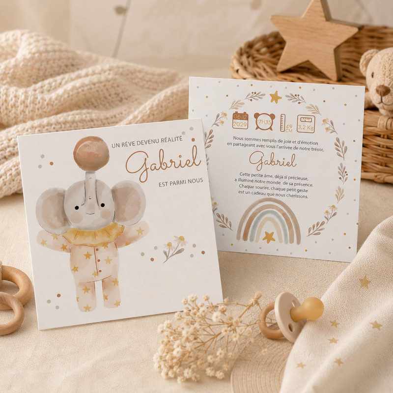 Faire-part naissance Éléphant - Collection Peluches Câlines
