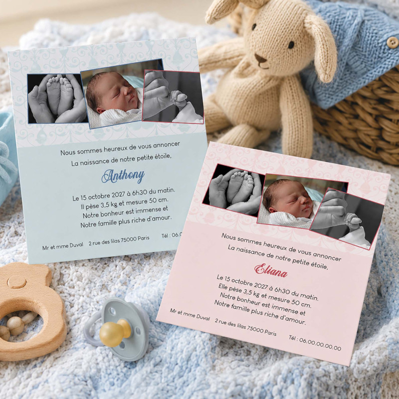 Faire-Part Naissance Arabesque – Bleu ou Rose