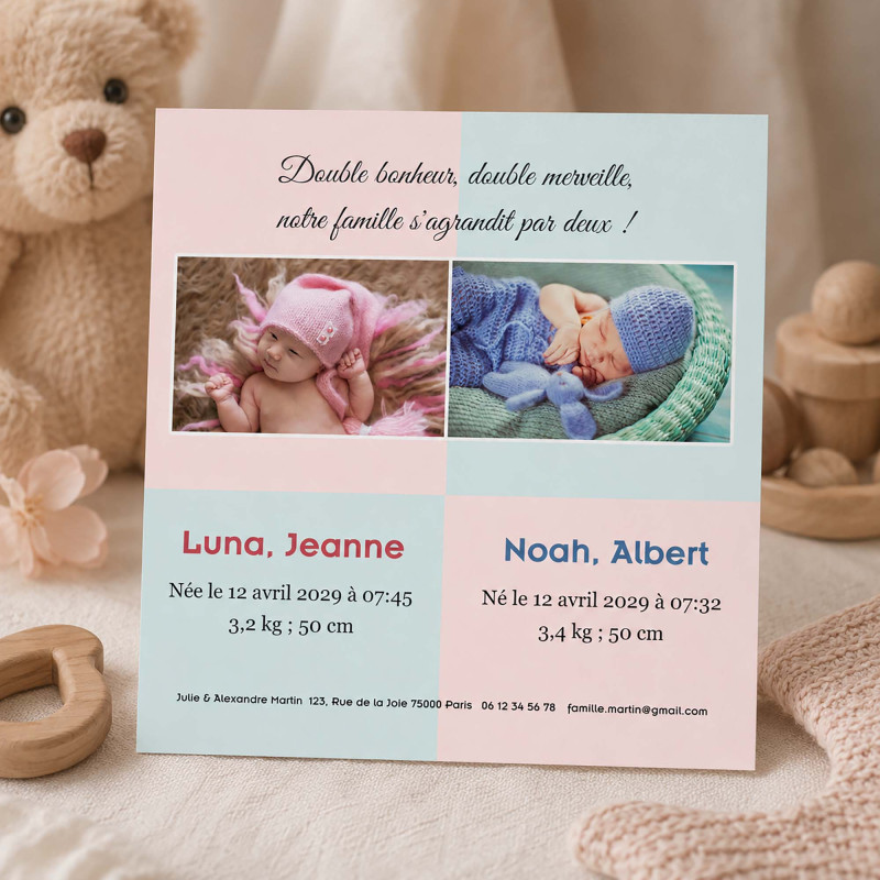 Faire-Part Naissance Jumeaux – Collection Double Bonheur