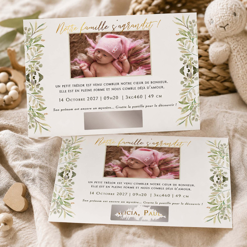 Faire-Part Naissance Feuillage Aquarelle – Collection Secret de Naissance