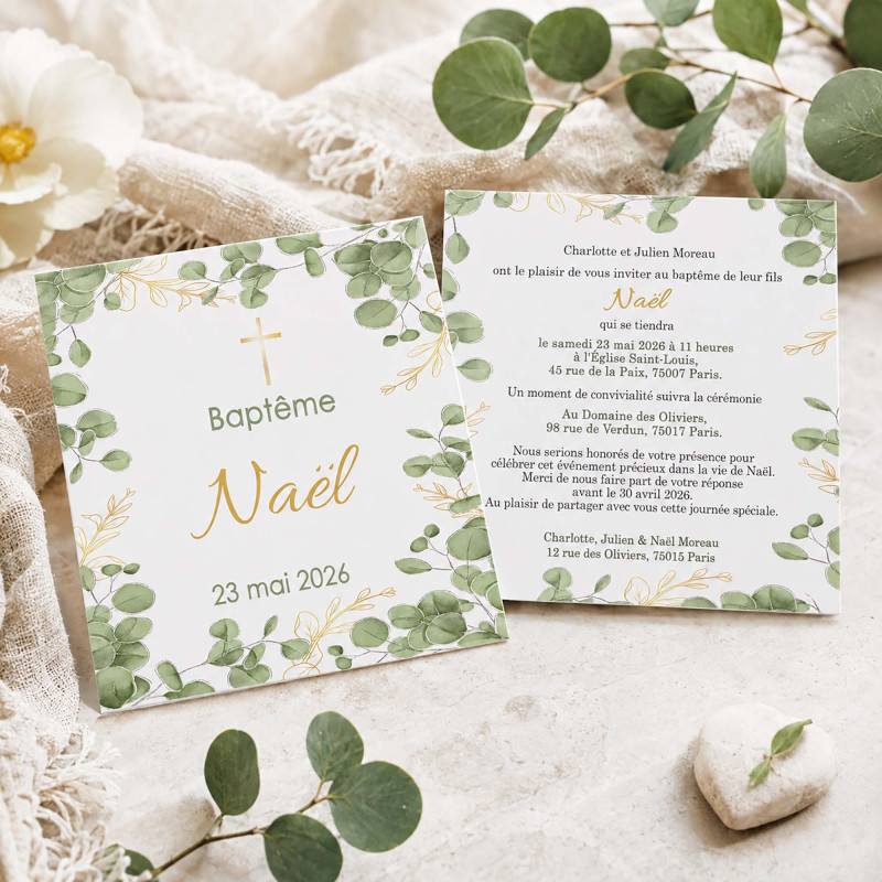 Faire-part Baptême, Communion ou Profession de Foi – Collection Eucalyptus