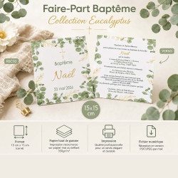 Faire-part Baptême, Communion ou Profession de Foi – Collection Eucalyptus
