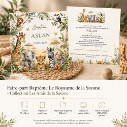 Faire-part Baptême Le Royaume de la Savane – Collection Les Amis de la Savane