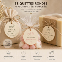 Étiquettes rondes personnalisées sur papier ivoire – Packaging artisanal