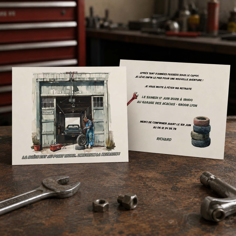 Invitation départ retraite mécanicien – Carte garage personnalisée