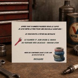 Invitation départ retraite mécanicien – Carte garage personnalisée