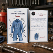 Invitation départ retraite mécanicien – Carte combinaison personnalisée