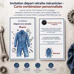 Invitation départ retraite mécanicien – Carte combinaison personnalisée