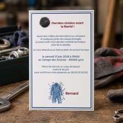 Invitation départ retraite mécanicien – Carte combinaison personnalisée