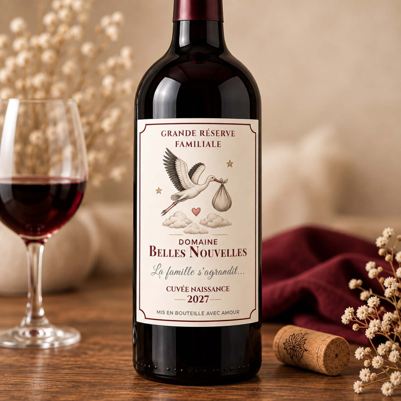 Étiquette bouteille vin annonce naissance – La Cigogne