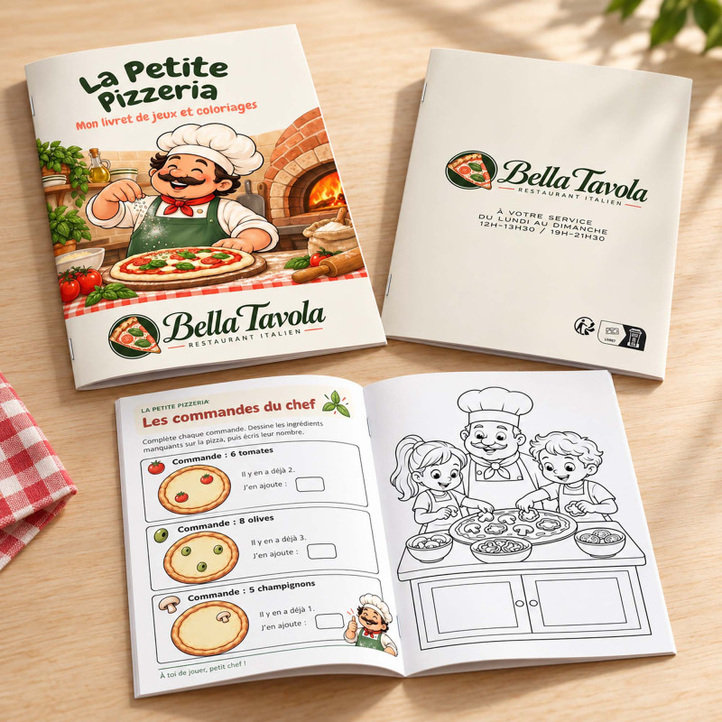 Livret d’activités Pizzeria personnalisé pour restaurant – La Petite Pizzeria